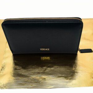 Versace LA Medusa Long Wallet Women's Black Leather zip around